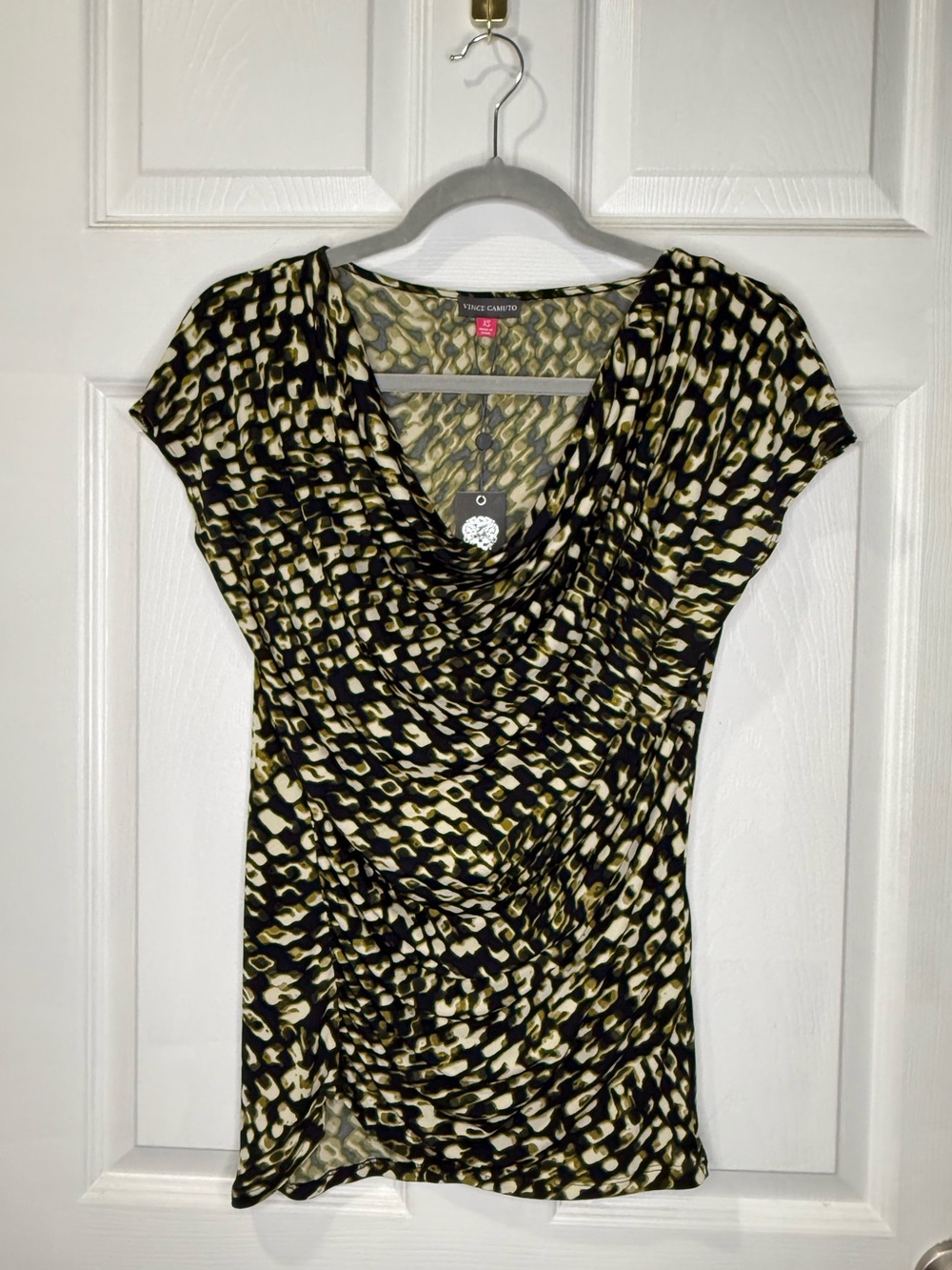 NWT Vince Camuto Black and Yellow Cowl Neck Gathered Blouse XS